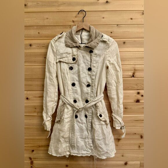 AllSaints Size 8 100% Linen Harlequin Button Front Trench Coat Lagenlook - Picture 1 of 15